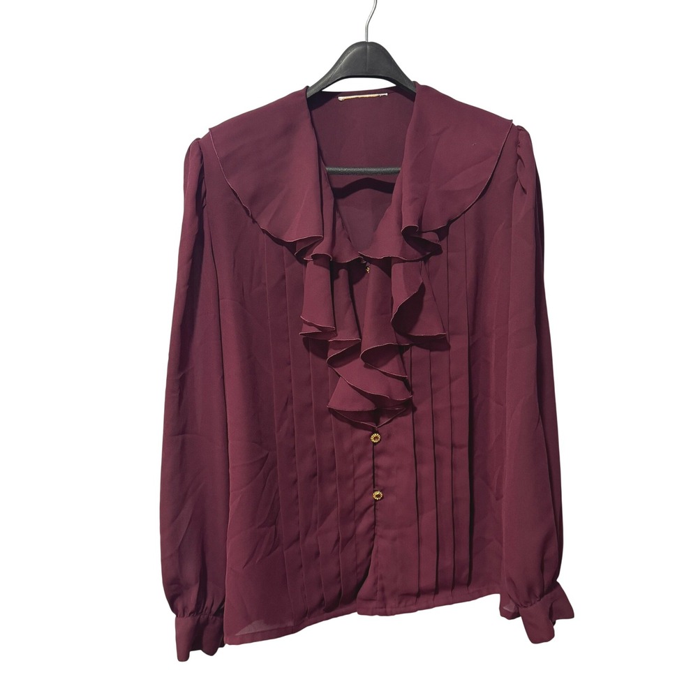 Vintage Burgundy Ruffle Jabot Blouse Gold Button Pintuck Long Sleeve Wine Red